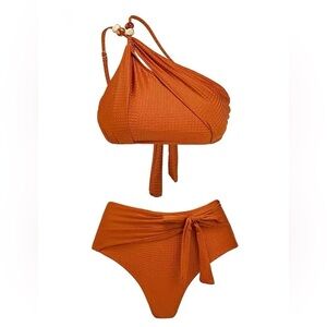 Women's Orange High-Waist Bikini Set with One-Shoulder Top